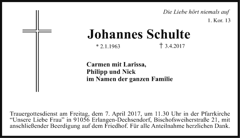  Traueranzeige für Johannes Schulte vom 05.04.2017 aus Erlanger Nachrichten Lokal