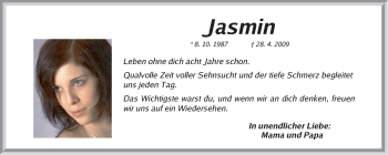 Traueranzeige von Jasmin  von Erlanger Nachrichten/ Nordbayer. Nachrichten Herzogenaurach