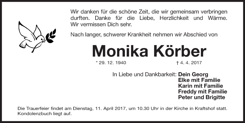  Traueranzeige für Monika Körber vom 08.04.2017 aus Gesamtausgabe Nürnberger Nachrichten/ Nürnberger Ztg.