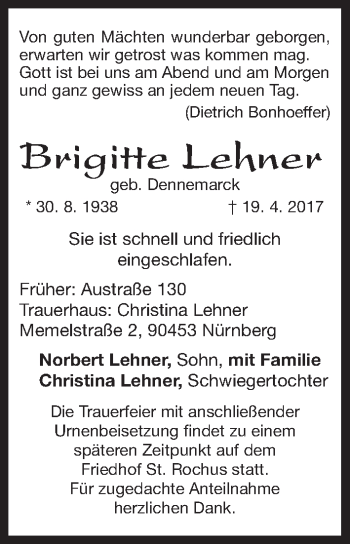 Traueranzeige von Brigitte Lehner von Gesamtausgabe Nürnberger Nachrichten/ Nürnberger Ztg.