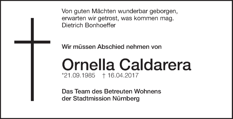  Traueranzeige für Ornella Caldarera vom 27.04.2017 aus Gesamtausgabe Nürnberger Nachrichten/ Nürnberger Ztg.