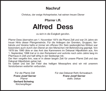 Traueranzeige von Alfred Dess von Roth-Hilpoltsteiner Volkszeitung Lokal
