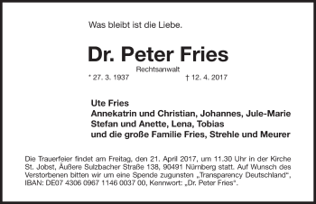 Traueranzeige von Peter Fries von Gesamtausgabe Nürnberger Nachrichten/ Nürnberger Ztg.