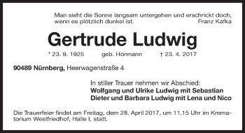 Traueranzeige von Gertrude Ludwig von Gesamtausgabe Nürnberger Nachrichten/ Nürnberger Ztg.