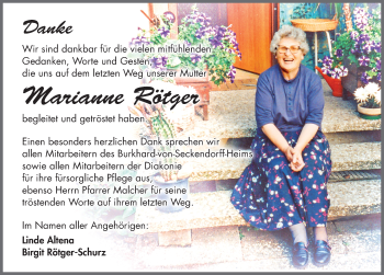 Traueranzeige von Marianne Rötger von Altmühl-Bote Lokal