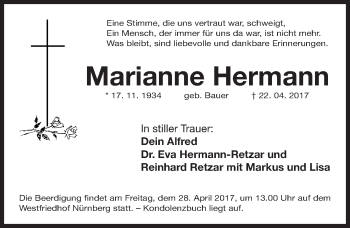 Traueranzeige von Marianne Hermann von Gesamtausgabe Nürnberger Nachrichten/ Nürnberger Ztg.