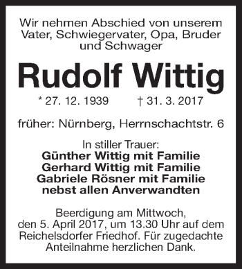 Traueranzeige von Rudolf Wittig von Gesamtausgabe Nürnberger Nachrichten/ Nürnberger Ztg.