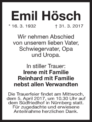 Traueranzeige von Emil Hösch von Gesamtausgabe Nürnberger Nachrichten/ Nürnberger Ztg.