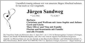Traueranzeige von Jürgen Sandweg von Gesamtausgabe Nürnberger Nachrichten/ Nürnberger Ztg./ Erlanger Nachrichten