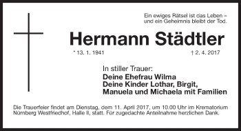 Traueranzeige von Hermann Städtler von Gesamtausgabe Nürnberger Nachrichten/ Nürnberger Ztg.
