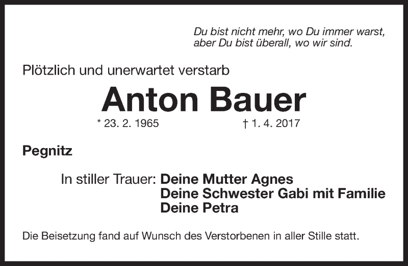  Traueranzeige für Anton Bauer vom 08.04.2017 aus Nordbayerische Nachrichten Pegnitz Lokal