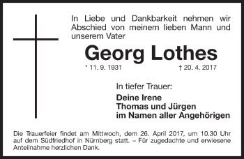 Traueranzeige von Georg Lothes von Gesamtausgabe Nürnberger Nachrichten/ Nürnberger Ztg.