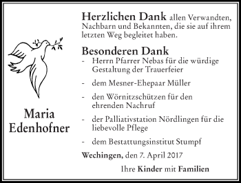 Traueranzeige von Maria Edenhofner von Altmühl-Bote Lokal