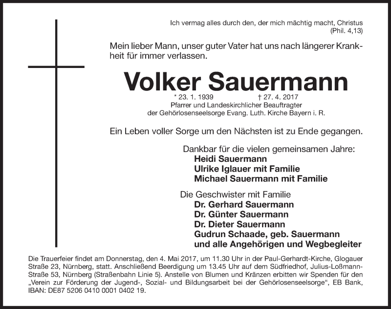  Traueranzeige für Volker Sauermann vom 29.04.2017 aus Gesamtausgabe Nürnberger Nachrichten/ Nürnberger Ztg.