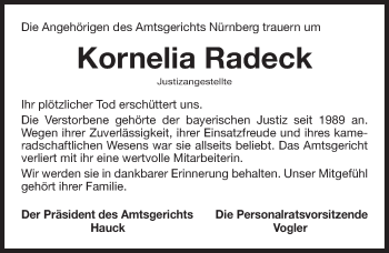Traueranzeige von Kornelia Radeck von Gesamtausgabe Nürnberger Nachrichten/ Nürnberger Ztg.