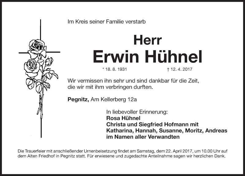  Traueranzeige für Erwin Hühnel vom 19.04.2017 aus Nordbayerische Nachrichten Pegnitz Lokal