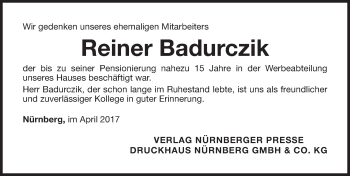 Traueranzeige von Reiner Badurczik von Gesamtausgabe Nürnberger Nachrichten/ Nürnberger Ztg.