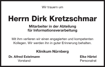 Traueranzeige von Dirk Kretzschmar von Gesamtausgabe Nürnberger Nachrichten/ Nürnberger Ztg.