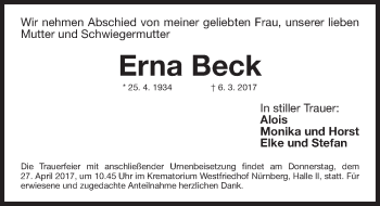 Traueranzeige von Erna Beck von Gesamtausgabe Nürnberger Nachrichten/ Nürnberger Ztg.