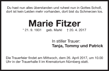Traueranzeige von Marie Fitzer von Gesamtausgabe Nürnberger Nachrichten/ Nürnberger Ztg.