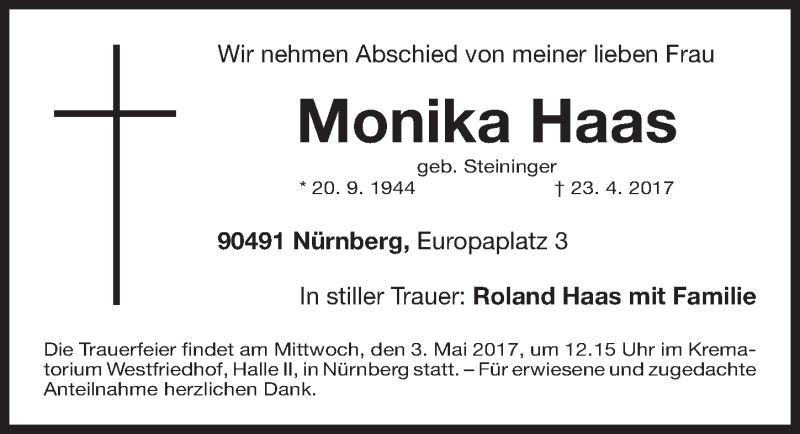  Traueranzeige für Monika Haas vom 29.04.2017 aus Gesamtausgabe Nürnberger Nachrichten/ Nürnberger Ztg.