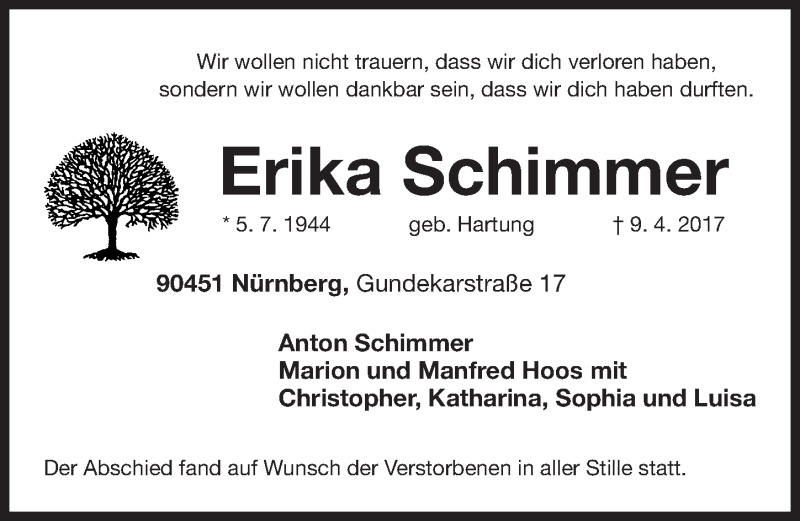  Traueranzeige für Erika Schimmer vom 22.04.2017 aus Gesamtausgabe Nürnberger Nachrichten/ Nürnberger Ztg.