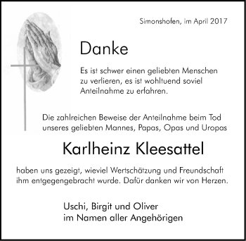 Traueranzeige von Karlheinz Kleesattel von Gesamtausgabe Nürnberger Nachrichten/ Nürnberger Ztg.