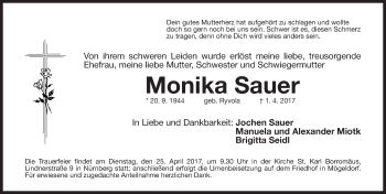 Traueranzeige von Monika Sauer von Gesamtausgabe Nürnberger Nachrichten/ Nürnberger Ztg.