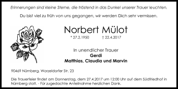 Traueranzeige von Norbert Mülot von Gesamtausgabe Nürnberger Nachrichten/ Nürnberger Ztg.