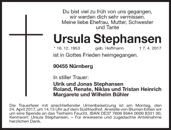 Traueranzeige von Ursula Stephansen von Gesamtausgabe Nürnberger Nachrichten/ Nürnberger Ztg.