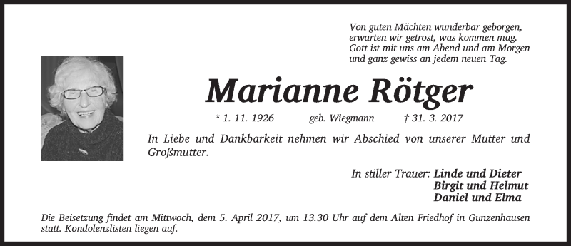  Traueranzeige für Marianne Rötger vom 03.04.2017 aus Altmühl-Bote Lokal
