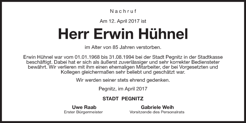  Traueranzeige für Erwin Hühnel vom 19.04.2017 aus Nordbayerische Nachrichten Pegnitz Lokal