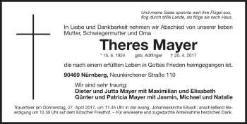 Traueranzeige von Theres Mayer von Gesamtausgabe Nürnberger Nachrichten/ Nürnberger Ztg.