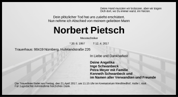 Traueranzeige von Norbert Pietsch von Gesamtausgabe Nürnberger Nachrichten/ Nürnberger Ztg.