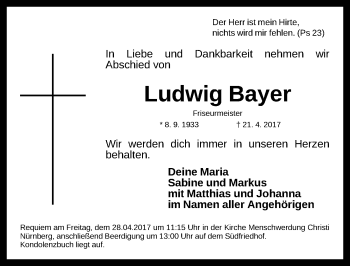 Traueranzeige von Ludwig Bayer von Gesamtausgabe Nürnberger Nachrichten/ Nürnberger Ztg.