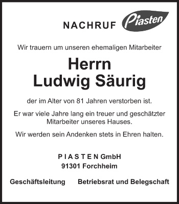 Traueranzeige von Ludwig Säurig von Nordbayerische Nachrichten Forchheim Lokal