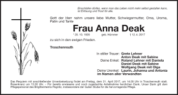 Traueranzeige von Anna Deak von Nordbayerische Nachrichten Pegnitz Lokal