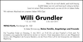 Traueranzeige von Willi Grundler von Fürther Nachrichten Lokal
