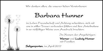 Traueranzeige von Barbara Hunner von Neumarkter Nachrichten Lokal