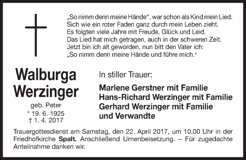  Traueranzeige für Walburga Werzinger vom 19.04.2017 aus Gesamtausgabe Nürnberger Nachrichten/ Nürnberger Ztg.
