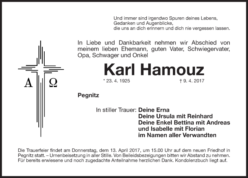  Traueranzeige für Karl Hamouz vom 11.04.2017 aus Nordbayerische Nachrichten Pegnitz Lokal