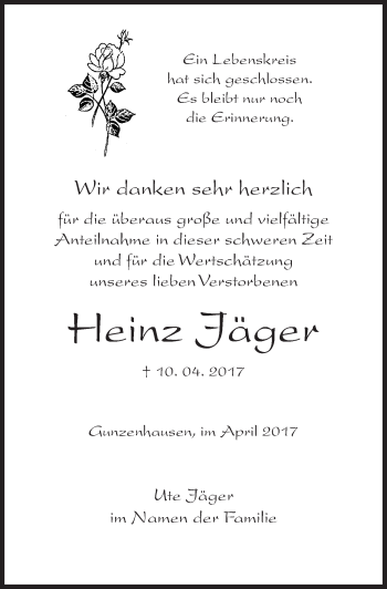 Traueranzeige von Heinz Jäger von Altmühl-Bote Lokal