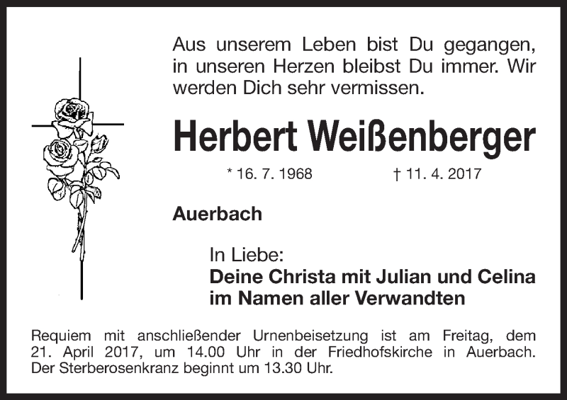  Traueranzeige für Herbert Weißenberger vom 15.04.2017 aus Nordbayerische Nachrichten Pegnitz Lokal