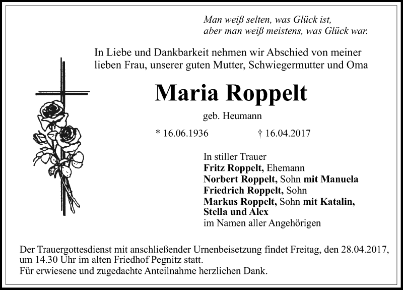  Traueranzeige für Maria Roppelt vom 26.04.2017 aus Nordbayerische Nachrichten Pegnitz Lokal