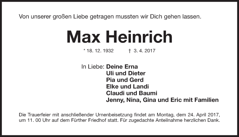  Traueranzeige für Max Heinrich vom 19.04.2017 aus Fürther Nachrichten Lokal