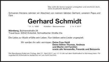 Traueranzeige von Gerhard Schmidt von Gesamtausgabe Nürnberger Nachrichten/ Nürnberger Ztg.