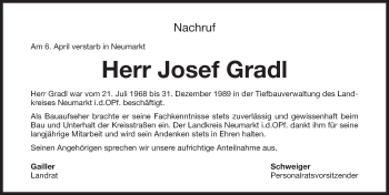 Traueranzeige von Josef Gradl von Neumarkter Nachrichten Lokal