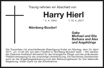 Traueranzeige von Harry Hierl von Gesamtausgabe Nürnberger Nachrichten/ Nürnberger Ztg.