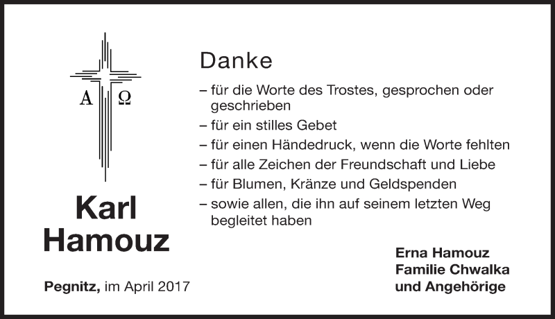  Traueranzeige für Karl Hamouz vom 29.04.2017 aus Nordbayerische Nachrichten Pegnitz Lokal