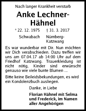Traueranzeige von Anke Lechner-Hähnel von Gesamtausgabe Nürnberger Nachrichten/ Nürnberger Ztg.